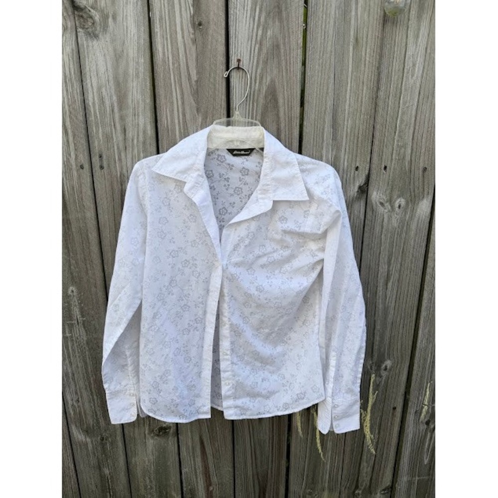 Cottagecore Coquette Eddie Bauer Button Down Shirt M White Floral Blouse